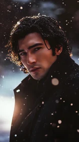 Brooding man stands in softly falling snow under backlight