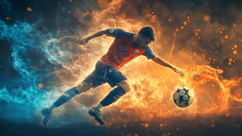 Soccer player kicking ball amid blue and orange energy effects.
