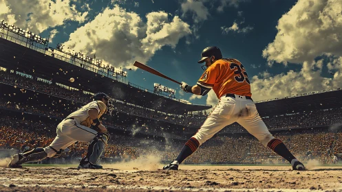 Dramatic low-angle baseball batter in mid-swing under stormy sky.