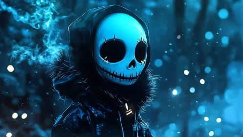 Hooded skeleton figure glows in icy neon blue forest night.