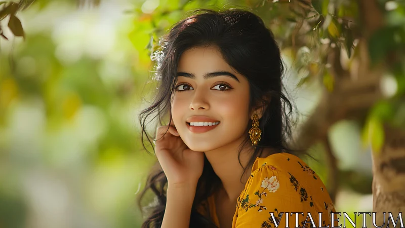 Portrait of woman in yellow floral dress outdoors.