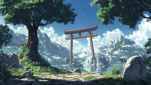 Torii drifts between sky-clad peaks and mirror-bright lake