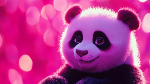 Bright-eyed panda smiles softly in a dreamy pink forest glow