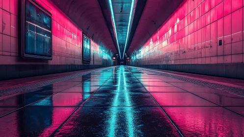 Neon subway tunnel amplifies reflections on wet platform
