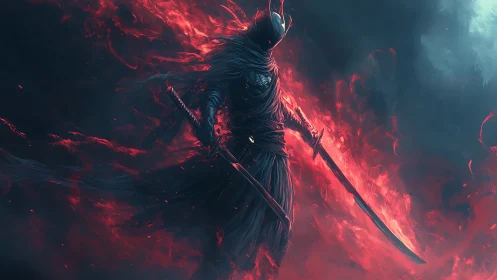 Armored wraith swordsman channels red spectral flames in motion