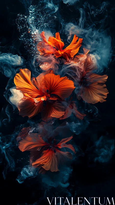 Orange flowers suspended in dark swirling smoke cloud formation.