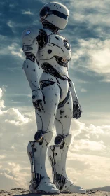 Futuristic white humanoid robot under dramatic sky panorama.