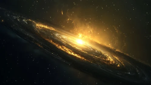 Galactic disc erupting in radiant stellar fusion glow.