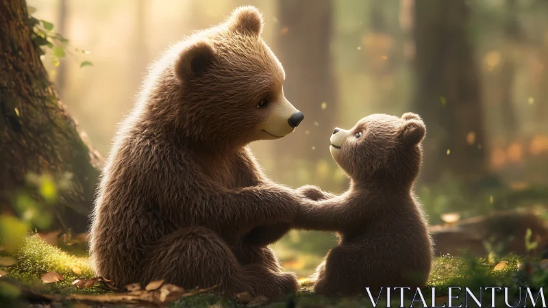Digital bears in forest clearing holding paws in sunlight.