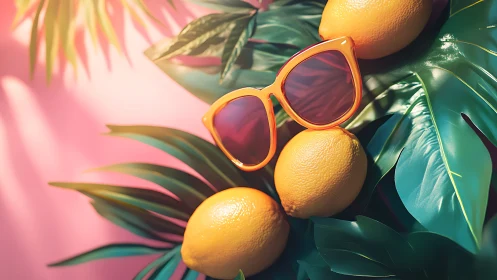 Sunny citrus sunglasses resting on lush tropical leaves.
