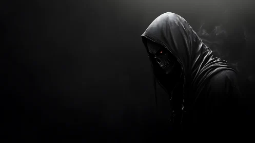 Hooded skeletal wraith in low key side lighting, smoke veils