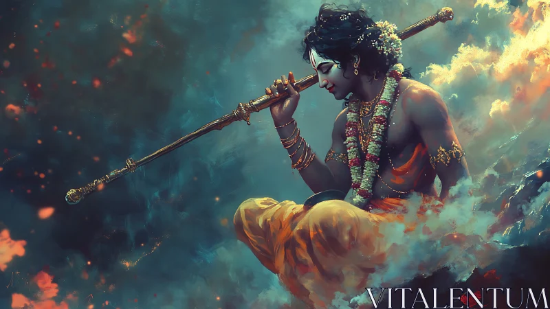 Divine warrior figure seated in glowing mystical clouds.