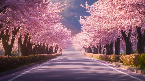 Cherry-lined roadway recedes under dense pink spring bloom