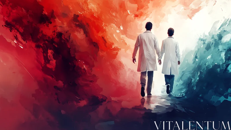 Two doctors walking between red and blue abstract clouds