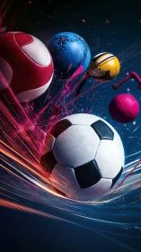 Dynamic sports balls collide through neon motion trails