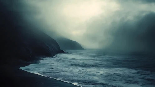 Brooding mist over stormy coastal cliffs at twilight.