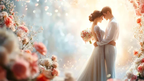 Romantic bride and groom embrace amid soft floral arch.