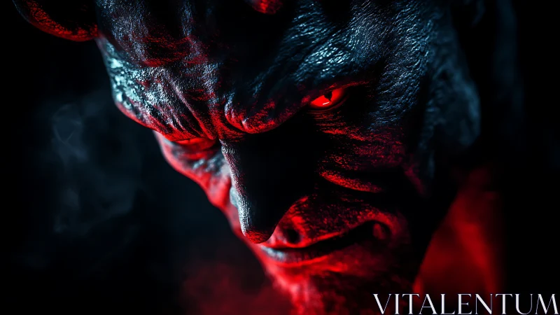Demonic closeup rendered in red light and heavy shadow.