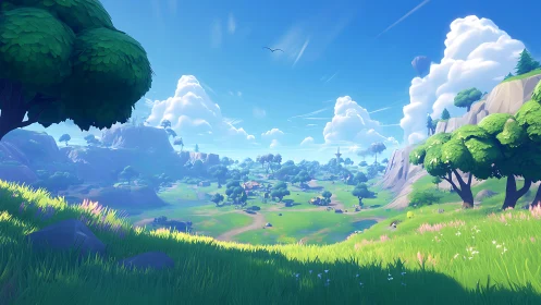 Digital stylized valley landscape extends under clear sky