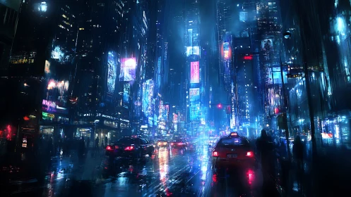 Neon drenched city streets glow softly in the midnight rain