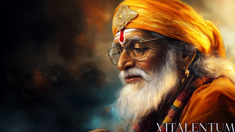 Serene elderly guru in saffron robes, rendered in vivid detail.