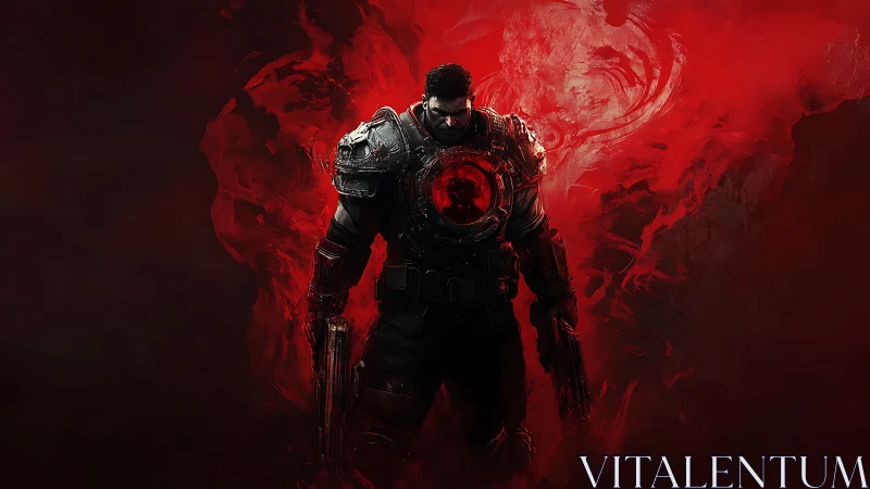 Armored soldier silhouette in red abstract digital field.