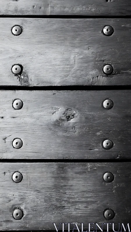 Photorealistic black timber planks with riveted fasteners.