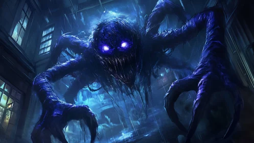 Shadow-like multi-limbed entity in rain-soaked corridor.