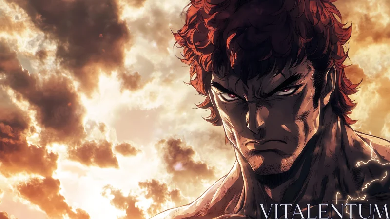 Storm-lit warrior glare against a seething bronze sky.