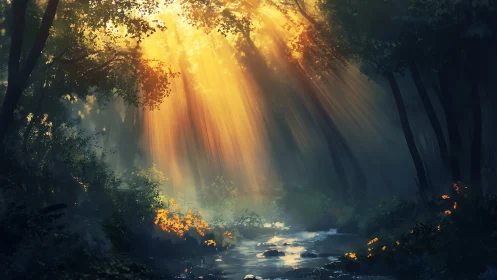 Sunlit forest creek with dense trees and misty light.