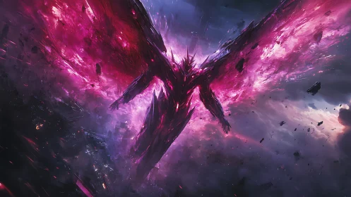 Cosmic phoenix warrior spreads radiant wings across space