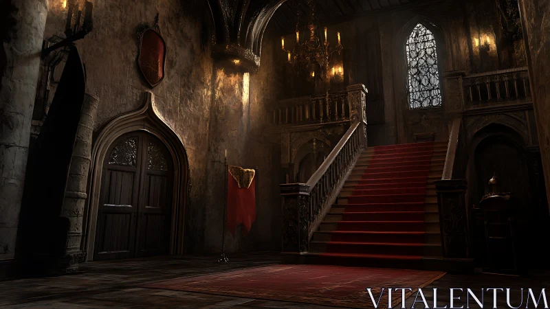 Moody castle staircase bathed in candlelit evening glow.