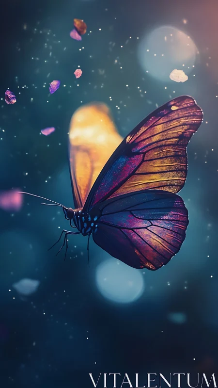 Twilight winged jewel gliding through drifting stardust petals.