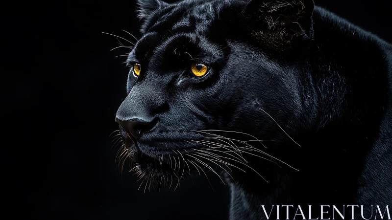 Black Leopard Portrait with Amber Eyes Against Dark Background