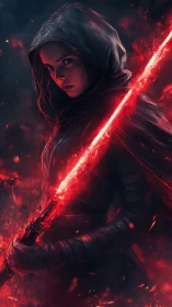 Hooded warrior holding a glowing red energy sword