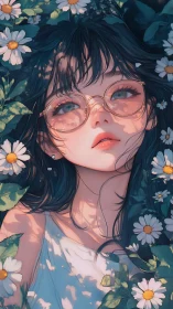 Optical-soft anime portrait under dappled floral lighting.
