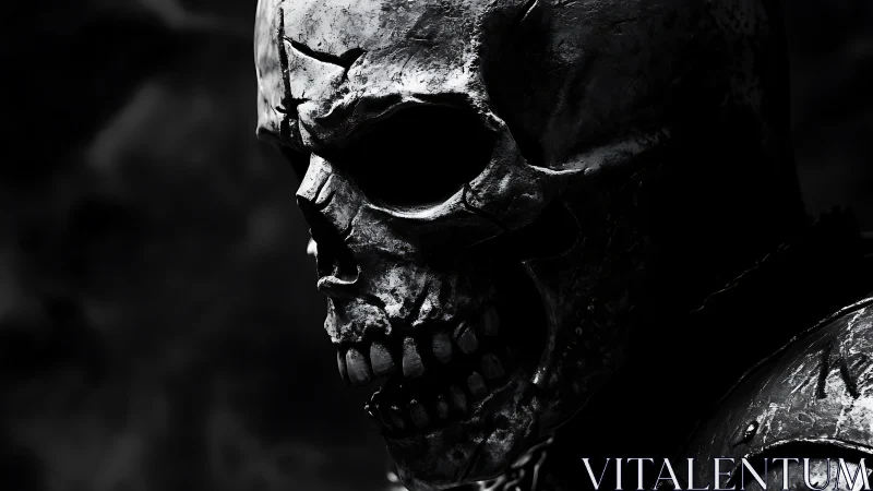 Side profile of weathered metallic skull in harsh light.