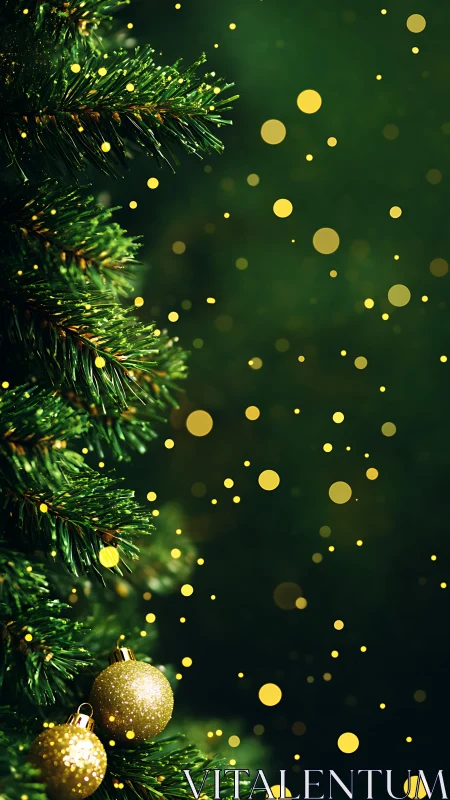 Golden lights drift beside a sparkling green Christmas tree