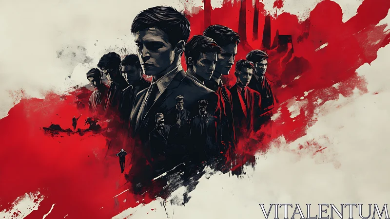 Stoic suited figures against bold abstract red field.