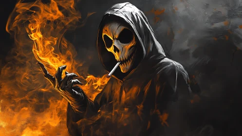Flaming skeletal reaper in hooded cloak with cigarette ignited