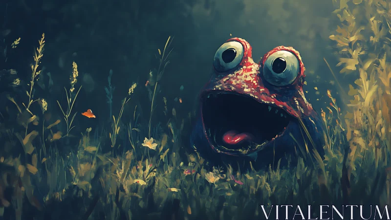 Whimsical red frog creature laughs within a twilight meadow