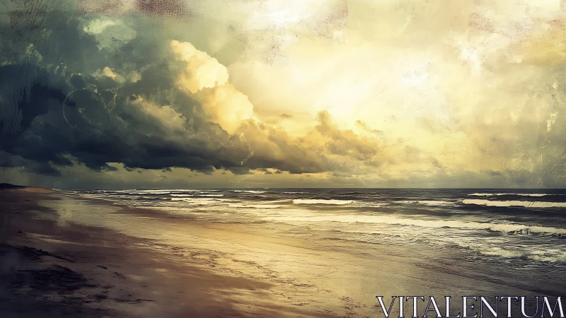 Golden stormlit shoreline glows beneath dramatic evening sky