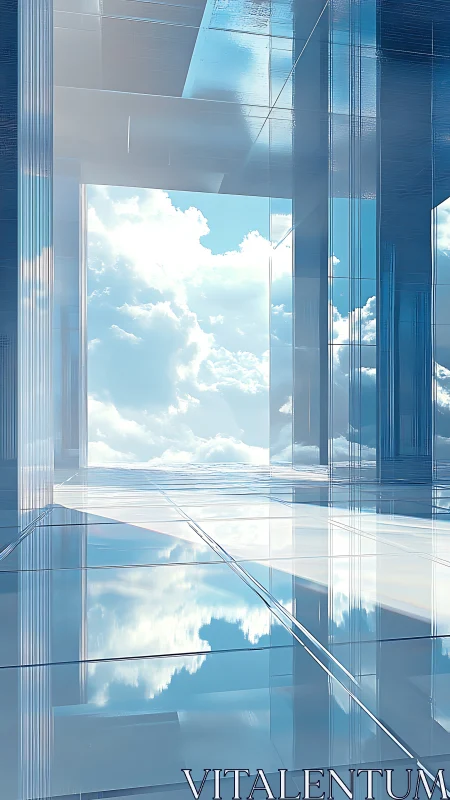 Glass corridor with reflective floor and open sky view.