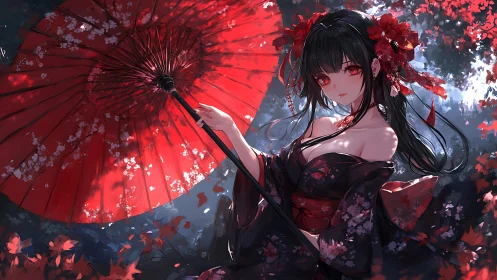 Kimono-clad anime girl beneath vivid red paper umbrella.