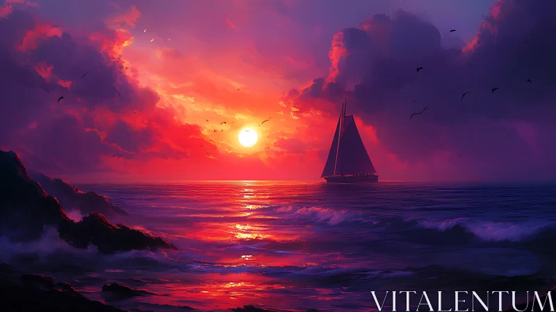 Sailboat crosses vivid sunset sea under glowing crimson clouds