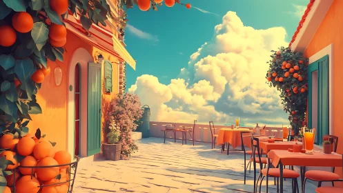 Sunlit rooftop café where oranges kiss the clouds.