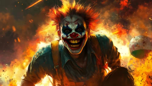 Sinister clown charges forward through chaotic inferno.