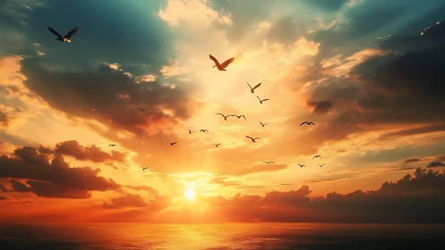 Skyward flock crossing a molten sunrise ocean horizon.