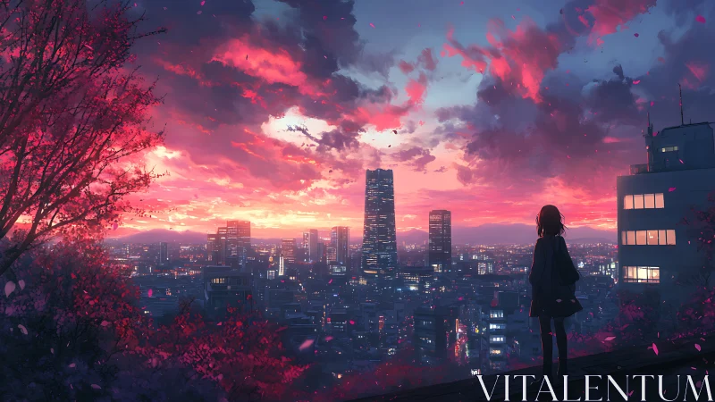 Twilight cityscape with silhouetted girl and neon-pink clouds.
