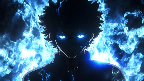 Silhouetted character stands before blue flame background